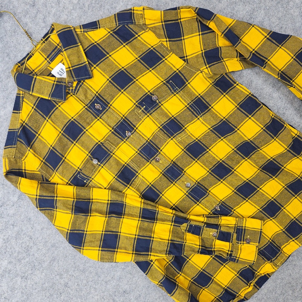 Gap Flannel Button Up Mens Yellow Gold Navy Blue Medium Plaid Cotton Long Sleeve